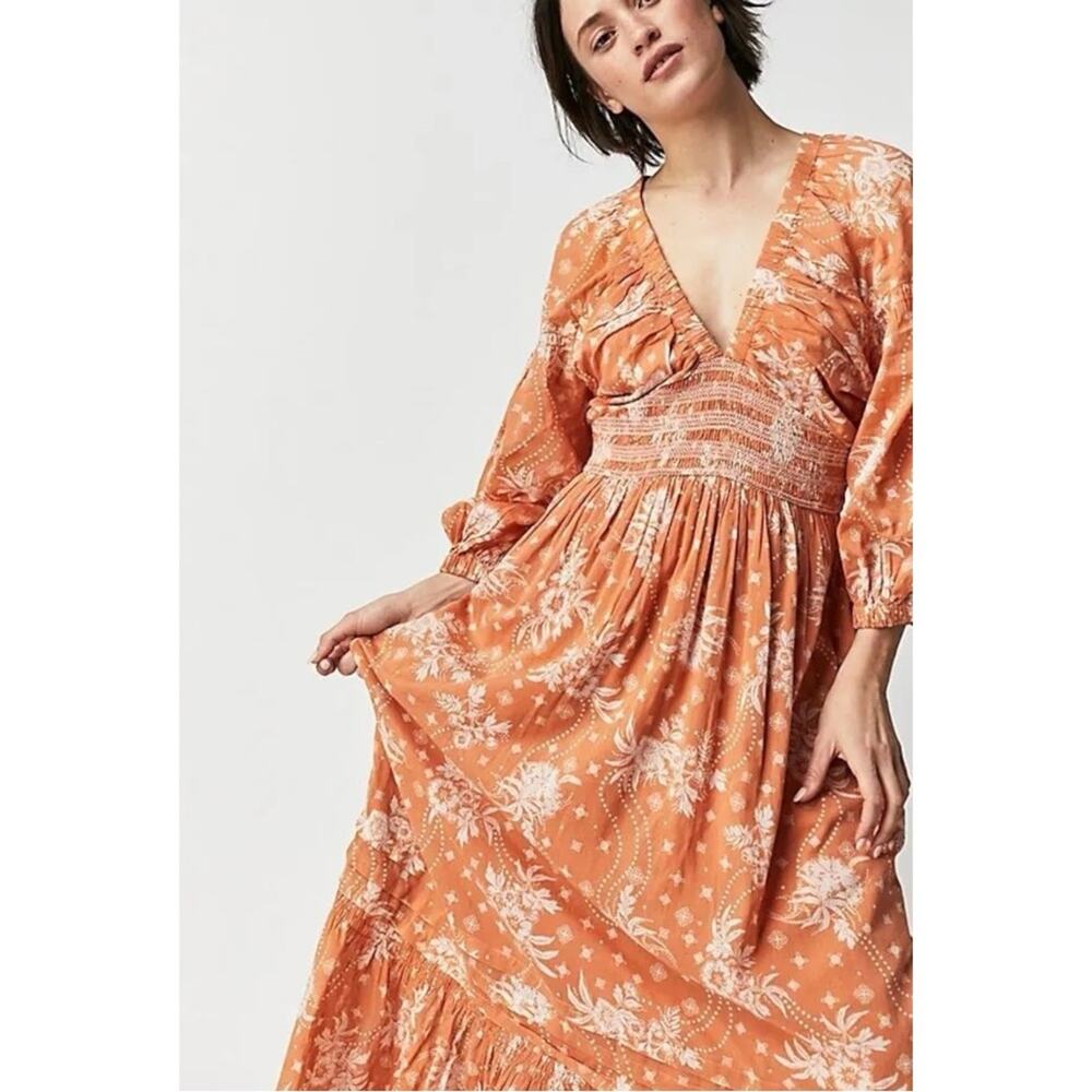 Free People Golden Hour Maxi Dress Bohemian Floral Dainty Tan Neutral Small - Picture 5 of 14